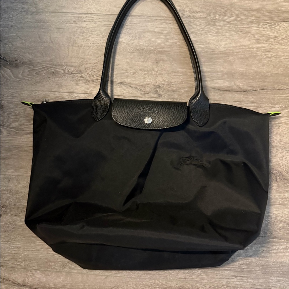 Longchamp Black Le Pliage Green L Tote Bag